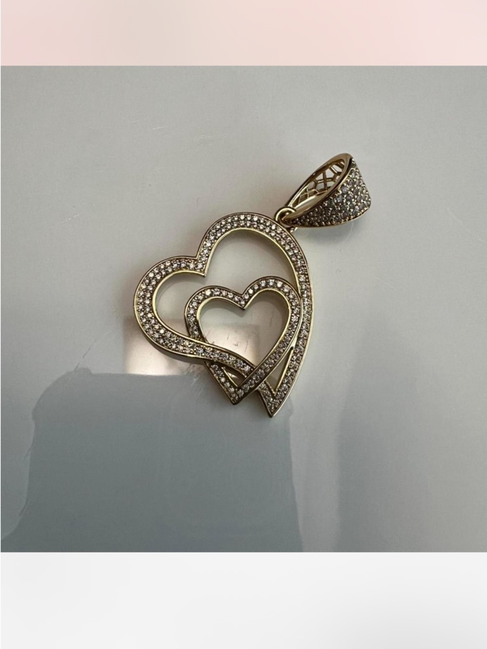 Gold Double Heart Pendant Necklace Charm - Sparkling CZ Accents